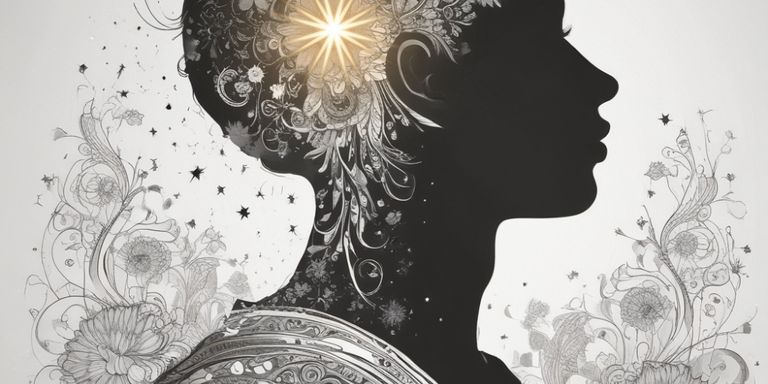 Schwarze Silhouette eines Kopfes einer Frau mit komplizierten floralen und ornamentalen Mustern, die im Inneren und um den Kopf herum leuchten, hervorgehoben durch einen hellen Stern über dem Ohr.